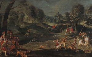 Chasse dans un paysage forestier, avec un couple royal participant - circle of Sebastian Vrancx